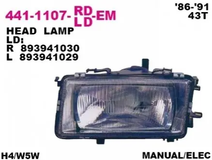 Фара Лів (H4, електричн, без мотора, колір відбивача: срібн) AUDI 80 B3 06.86-10.91 DEPO 441-1107L-LD-EM