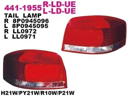 Ліхтар задній Прав (зовнішн, H21W/P21W/R10W, колір повороту червоний, колір скла червон) AUDI A3 8P Хетчбек 3D 05.03-08.12 DEPO 4411955RLDUE