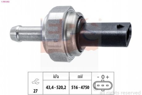 Датчик давления отходящих газов BMW 1 (F20/F21) 1.4d-2.5d/3 (E90/F30/F80) 1.6d-2.5d/5 (F10/F11)/X5 (F15/F85) 2.5d-3.0d EPS 1.980.002