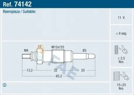 Свічка розжарювання Fiat Ducato 2.5D 94-02 (M12x1.25) 11V FAE 74142