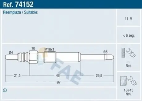 Свічка розжарювання VW T5 1.9/2.5TDI 03 FAE 74152