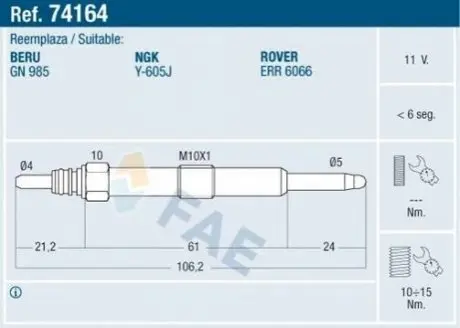 Свічка розжарювання FAE 74164