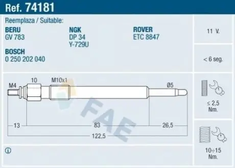 Свічка розжарювання Land Rover Discovery I/Range Rover I 2.5TDI 89-98 FAE 74181