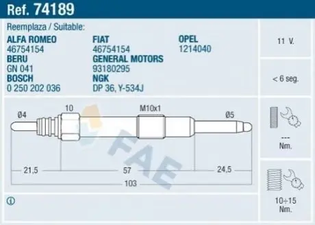 Свічка розжарювання Fiat Doblo 1.9JTD 01 FAE 74189