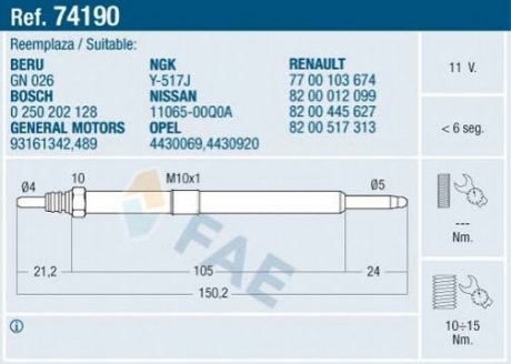 Свіча розжарювання - (1106500Q0A, 4430069, 4430920) FAE 74190