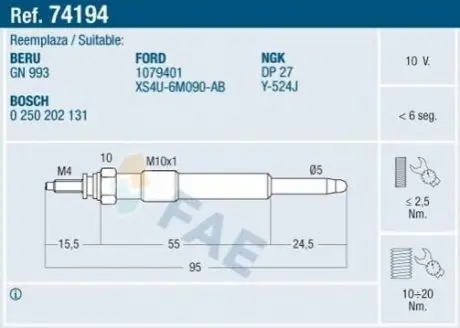 Свічка розжарювання Ford Connect 1.8TDCI FAE 74194