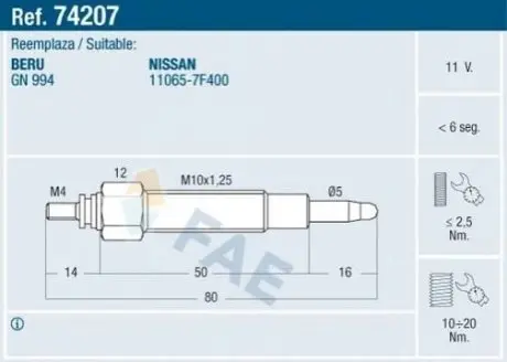 Свеча накала NISSAN TERRANO II 2.7D 05.96-09.07 FAE 74207