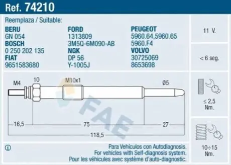 Свічка розжарювання Fiat Scudo 2.0D Multijet 07-/Ford Focus 2.0TDCi 04-12 FAE 74210