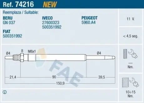 Свічка розжарювання Fiat Ducato 2.3JTD 02-06/ 3.0HDI 06 FAE 74216