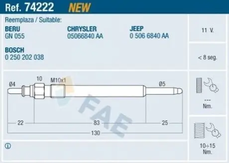 Свічка розжарювання Chrysler Voyager/Jeep Cherokee 2.5-2.8 CRD 00-08 FAE 74222