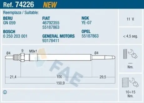 Свічка розжарювання Opel Vectra C/Astra H/Zafira B 1.9CDTI/JTD 04 FAE 74226