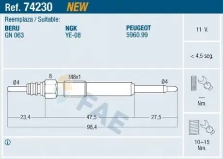 Свічка розжарювання Peugeot 407/Citroen C5 2.2HDi 06- (11V) FAE 74230