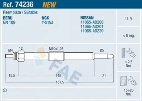 Свічка розжарювання Nissan Almera/Primera/Navara/Pathfinder/X-Trail 2.2dCi 02 FAE 74236