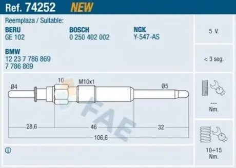 Свічка розжарювання BMW 2.0/2.5/3.0D 01 FAE 74252