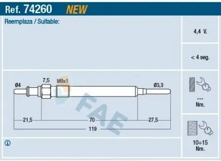 Свічка розжарювання Citroen Nemo/Fiat Doblo 1.3JTD 10 FAE 74260