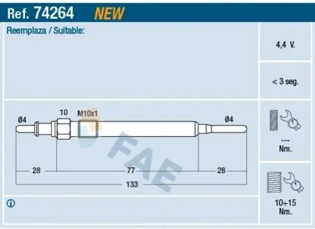 Свічка розжарювання BMW X1 (F48) 14- B37 C15 FAE 74264