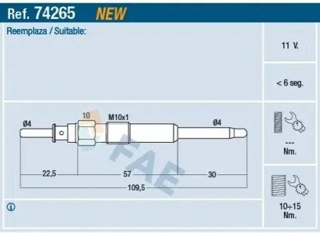 Свічка розжарювання Fiat Doblo 1.9JTD Multijet 05 FAE 74265