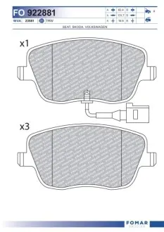 Колодки гальмівні (передні) Seat Ibiza/VW Polo 01-09/Skoda Fabia 99-14/Roomster 06-15 (+датчик) FOMAR FO 922881 Купити в Україні