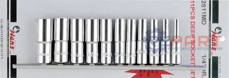 Набір насадок 1/4" (однотипні), 11 шт, профіль: 6-кутна, розмір насадок 6/12-кутних (мм): 4 5 6 7 8 9 10 11 12 13 14 мм HANS 2611MD