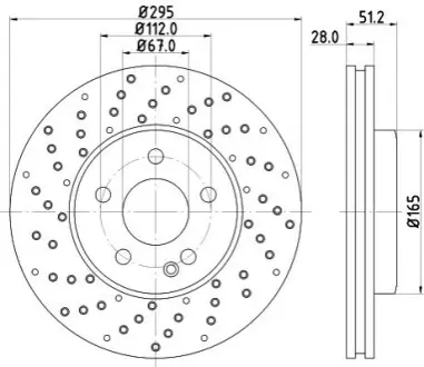 Диск гальмівний (передній) MB A-class (W176)/B-class (W246/W242) 11- (295x28)(з покр)(вент)(з отворами) HELLA 8DD355129681