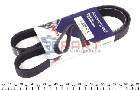 Ремінь генератора Fiat Bravo 1.9TD/JTD 96-01/1.6 D Multijet 07- (6PK1036) HUTCHINSON 1036K6 Купити в Україні