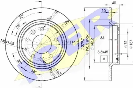 Диск гальмівний (задній) Mazda 6 02-13/626 V 98-02/323 F/S 01-04 (280x10) (з покриттям) (повний) ICER 78BD32682 Купити в Україні