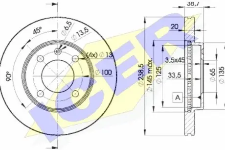 Диск гальмівний (передній) VW Golf 76-99/Passat 81-88/Polo 95-01/Seat Ibiza 93-(239x20)(з покр)(вент) ICER 78BD39752 Купити в Україні