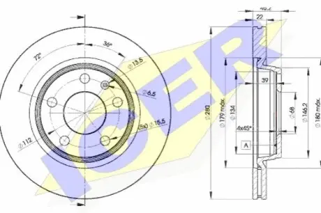 Диск гальмівний (передній) Audi A4/A8 94-09/Seat Exeo 08-/VW Passat B5 96-01 (280x22) (з покр)(вент.) ICER 78BD53012 Купити в Україні
