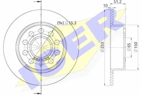 Диск гальмівний (задній) Audi A3/Seat Leon/Skoda Octavia/VW Golf 04- (253x10) (з покриттям) (повний) ICER 78BD5640-2 Купити в Україні