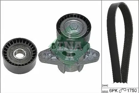 Комплект поликлинових ременів (з роликами) RENAULT CLIO II, KANGOO, KANGOO EXPRESS, KANGOO II, LAGUNA I, LAGUNA II, MEGANE I, MEGANE I CLASSIC, MEGANE I COACH, MEGANE III 1.4/1.6/1.6LPG 08.97 INA 529016410