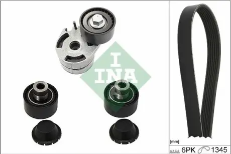 Комплект поликлинових ременів (з роликами) CITROEN BERLINGO, XSARA, XSARA PICASSO FORD FIESTA V, FUSION MAZDA 2 PEUGEOT 206, PARTNER 1.4D/1.6D 09.01-12.15 INA 529018610