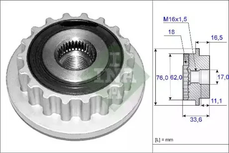 Шків генератора VW CALIFORNIA T5 CAMPER, MULTIVAN T5, PHAETON, TOUAREG, TRANSPORTER T5 2.5D/5.0D 10.02-05.10 INA 535011810
