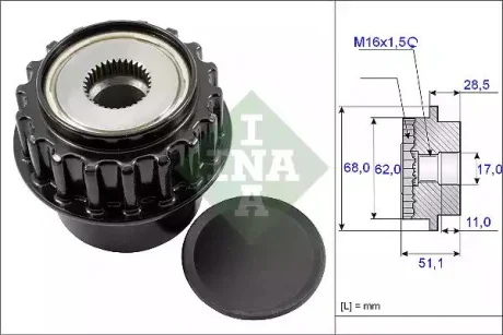 Шків генератора VOLVO S60 II, S80 II, V60 I, V70 III, XC60 I, XC70 II, XC90 I LAND ROVER FREELANDER 2 3.0/3.2/3.2ALK 03.06-12.18 INA 535017510