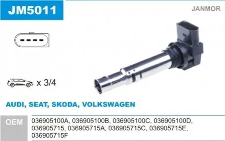 Катушка VW Passat/Skoda Octavia/Seat Toledo 1.2-1.6 98- 12V Janmor JM5011