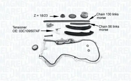 MAGNETI MARELLI VW К-т ланцюга приводу р/вала (ланцюг 2шт 130/56зв.) Audi,Skoda Fabia,Octavia,Seat,Golf V,Passat,Touran 1.4TSI Magneti Marelli MCK1200 Купити в Україні