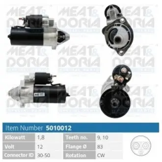 Стартер VW Passat/Audi A4/A6 1.9 TDi 96-05/Skoda Superb 1.9 TDi 01-08 (12V/1.8kw) (z=9) MEAT&DORIA 5010012 Купити в Україні
