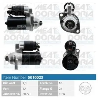Стартер Seat Ibiza/Leon/Skoda Fabia/Octavia/VW Golf/Sharan 1.8/2.0 96-10 (1.1kw) (z=10) MEAT&DORIA 5010023 Купити в Україні