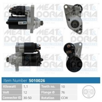 MEATDORIA AUDI Стартер A2 (8Z0) 1.4 00-05, SEAT IBIZA III (6L1) 1.2, SKODA FABIA I Combi (6Y5) 1.4 16V 00-07, VW GOLF IV (1J1) 1.6 FSI 02-05 MEAT&DORIA 5010026