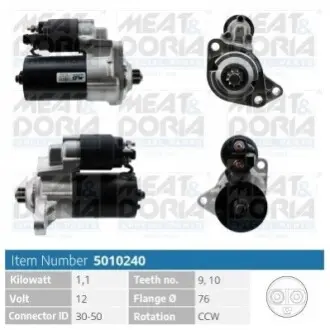 Стартер Audi A3/Ford Galaxy/VW Caddy/Golf/Passat/Skoda Octavia 1,4-2.0/1.9 SDI/TDI 91-05 (1.1kw) (z=9) MEAT&DORIA 5010240 Купити в Україні