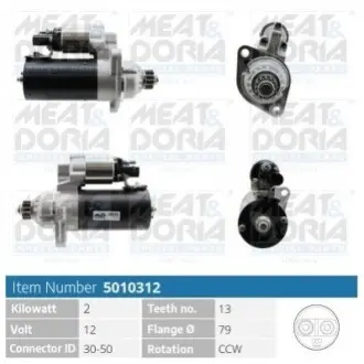 MEATDORIA AUDI Стартер A3 (8P1) 2.0 TDI 03-12, SEAT ALTEA (5P1) 2.0 TDI 05-10, SKODA, VW MEAT&DORIA 5010312 Купити в Україні