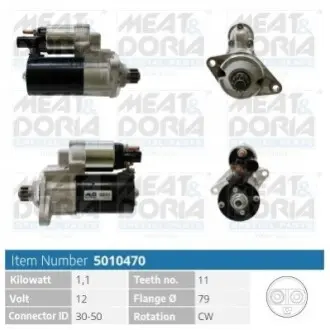 Стартер Audi A3/Q3/VW Passat 1.8/2.0 12- (12V/1.1kw) (z=11) MEAT&DORIA 5010470 Купити в Україні