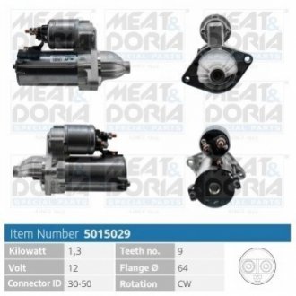 MEATDORIA Стартер (12V, 1,3kW) ALFA ROMEO MITO FIAT DOBLO, DOBLO CARGO, FIORINO, GRANDE PUNTO, IDEA, LINEA, PANDA, PUNTO, QUBO, SIENA LANCIA MUSA OPEL COMBO, COMBO TOUR, CORSA D 1.3D/1.9D 06.03- MEAT&DORIA 5015029 (фото 1)