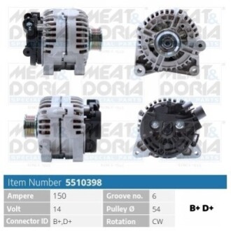 MEATDORIA FIAT Генератор SCUDO 2.0 16V 00-06, CITROEN C5 I 2.0 HDi 01-04, PEUGEOT 206 SW (2E/K) 2.0 HDi 02-07 MEAT&DORIA 5510398