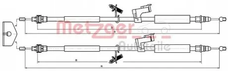 Трос ручника (задній) Ford C-Max 07-10/Focus II- 04-12 (L1=1860mm/L2=1816mm) METZGER 105368