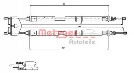 Трос ручника (задній) Ford Fiesta 1.3-1.6 TDCi 01-10 (1445/1305mm) METZGER 115453