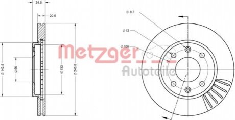 Диск гальмівний (передній) Citroen AX/Saxo/Peugeot 106/206/309 96- (247x20.5) - (424694, 4246A7, 424996) METZGER 6110173