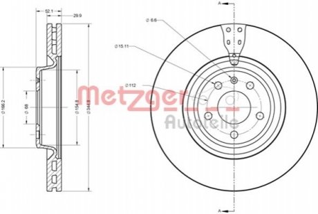 Диск тормозной (передний) Audi A4/A6 07-(L) (345х30) (с покрытием) (с прорезью) (вент.) METZGER 6110717 (фото 1)