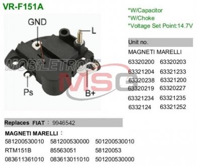 Регулятор напряжения генератора - VR-F151A (9946542) MOBILETRON VRF151A (фото 1)