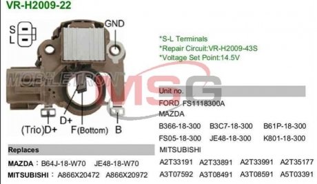 Регулятор напруги генератора - VR-H2009-22 (A866X20472, A866X20972, A866X22772) MOBILETRON VRH200922 (фото 1)