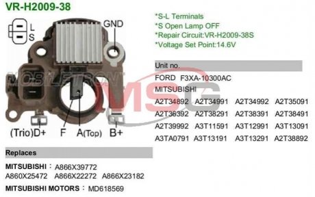 Регулятор напряжения генератора - (A860X25472, A866X22272, A866X39772) MOBILETRON VRH200938 (фото 1)